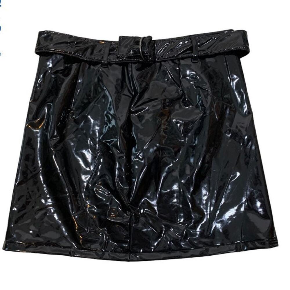 Black Vinyl Mini Skirt Belted Zipper Woman’s Size Small PU Leather by DEVIDED
